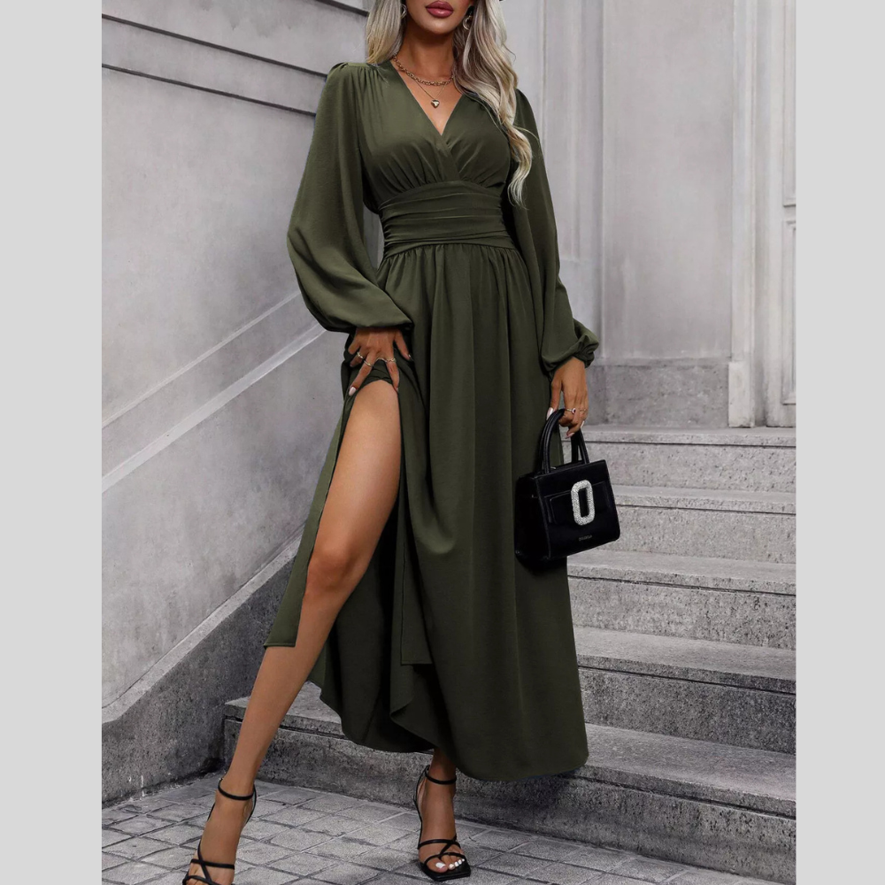Slit Balloon Sleeve Midi Dress