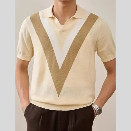 Men's Plus Size V-Pattern Contrast Knit Polo Shirt