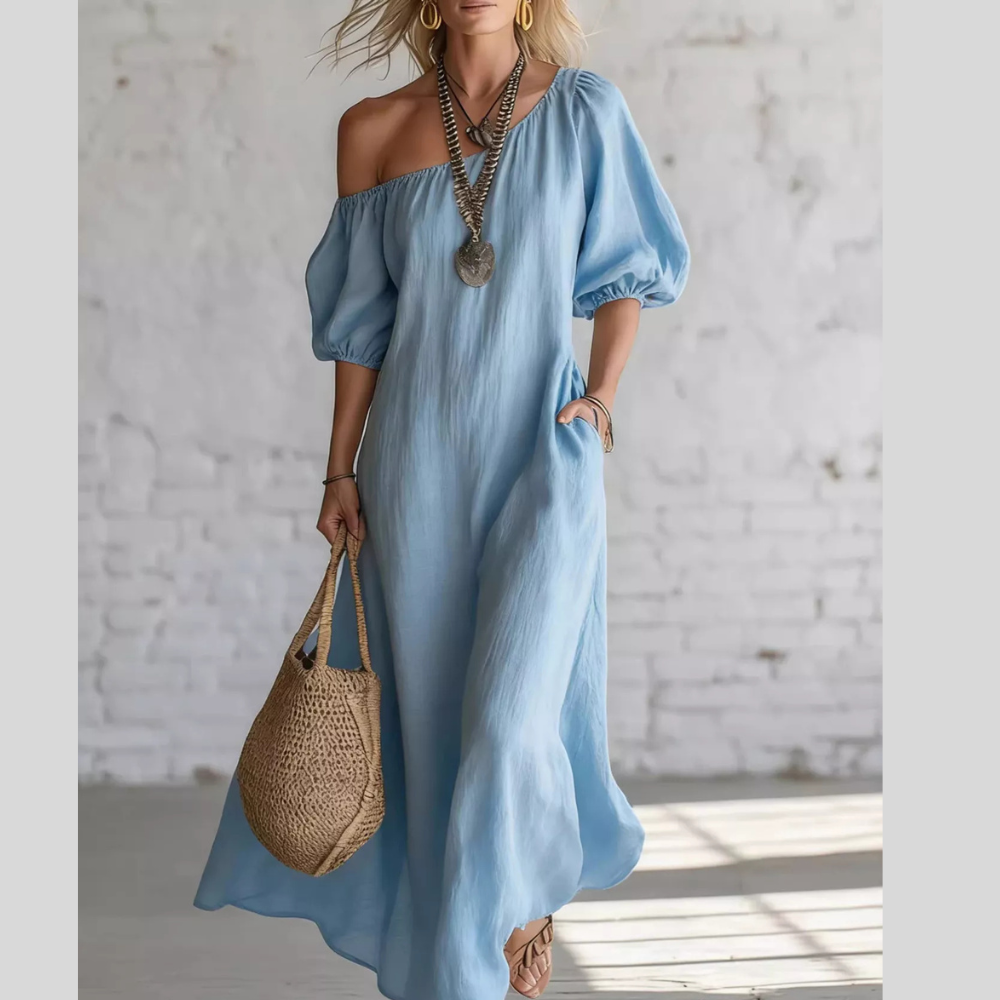 One-Shoulder Puff Sleeve Maxi Dress