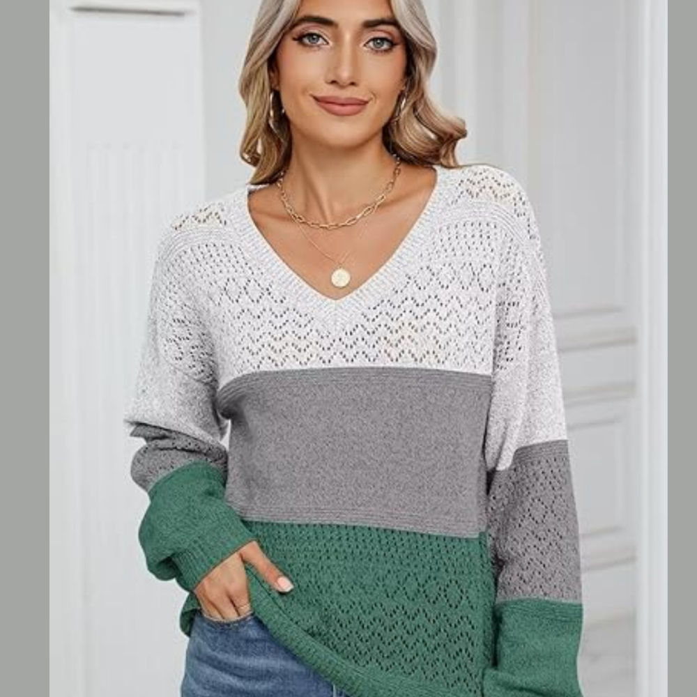 Eyelet Color Block V-Neck Sweater