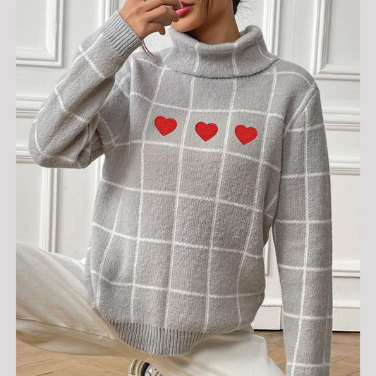 Heart Plaid Turtleneck Long Sleeve Sweater