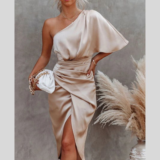 One-Shoulder Satin Wrap Dress with Side Slit