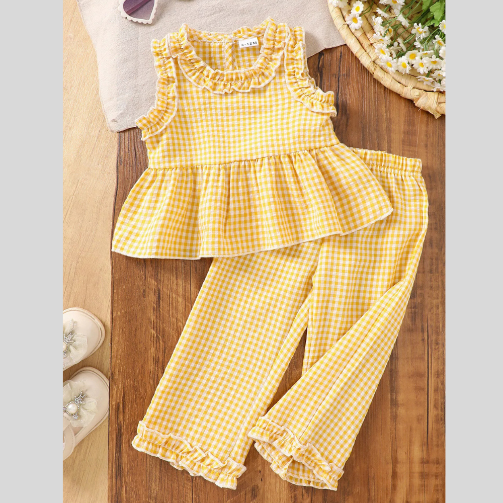 Children's Gingham Ruffle Trim Sleeveless Top & Pants Set