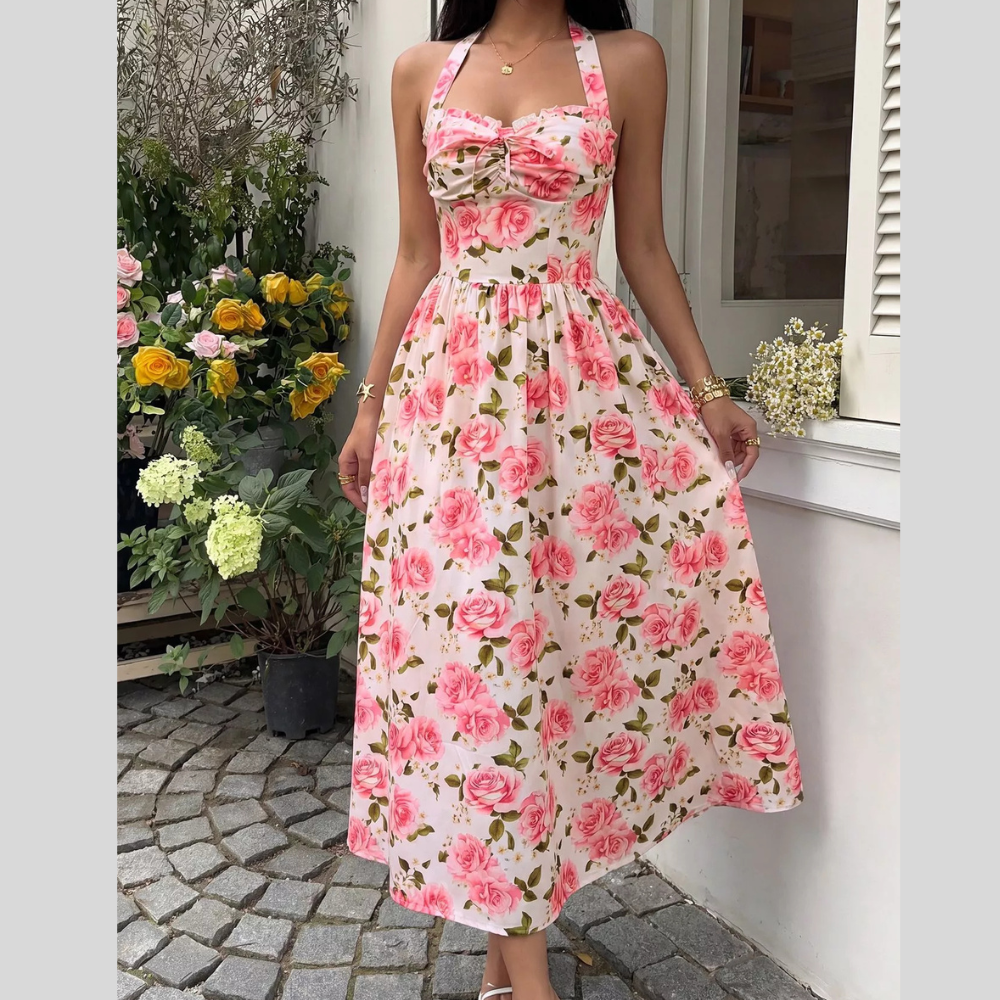 Floral Print Halter Neck Midi Dress