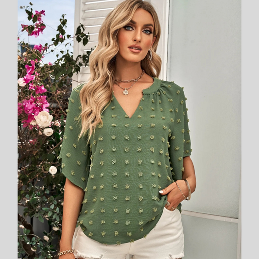 Swiss Dot Notched Half Se Blouse