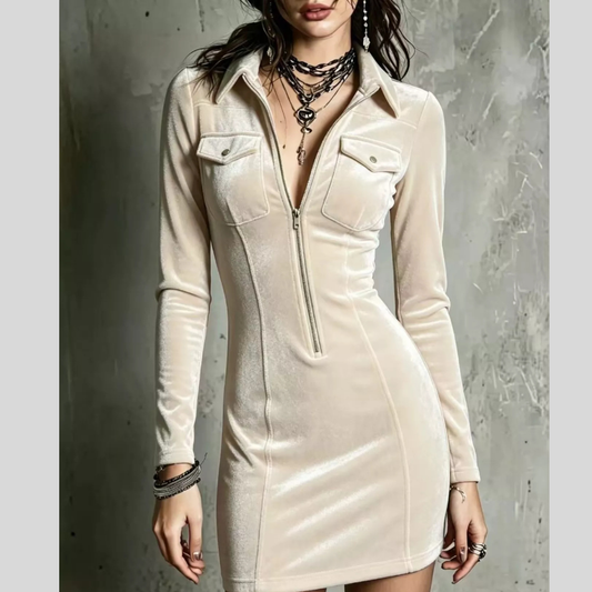 Velvet Zip-Front Utility Bodycon Mini Dress