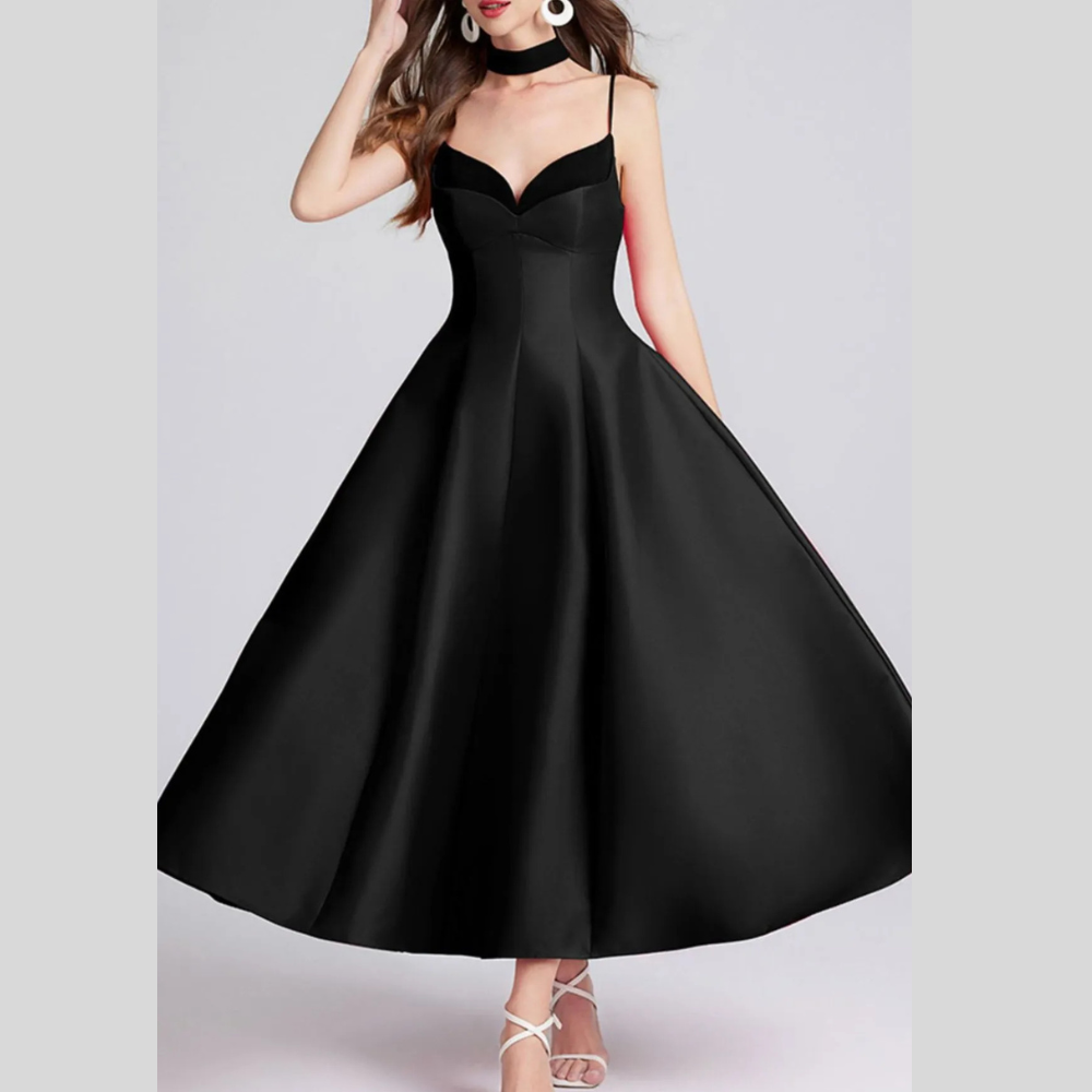 Sweetheart Spaghetti Strap Midi Dress with Collar