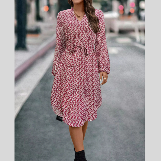 V-Neck Long Sleeve Printed Dress