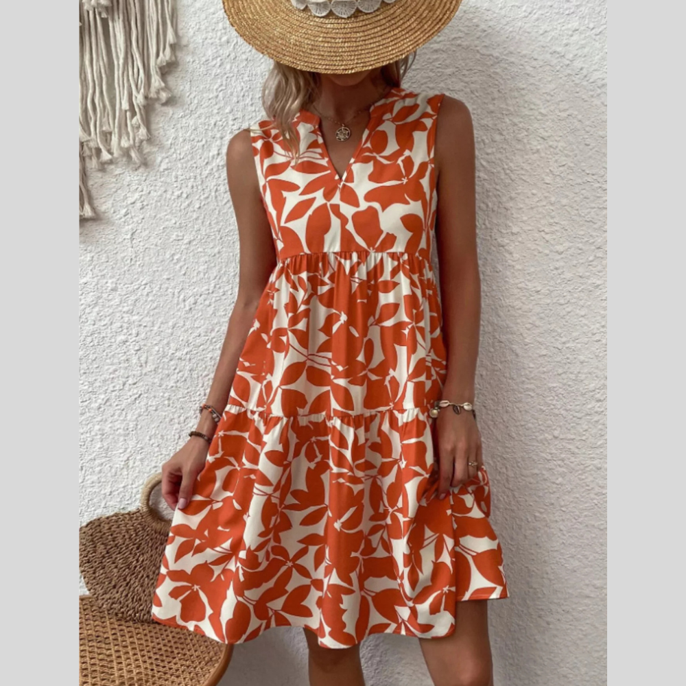 Full Size Printed Notched Sleeveless Mini Dress Plus Size