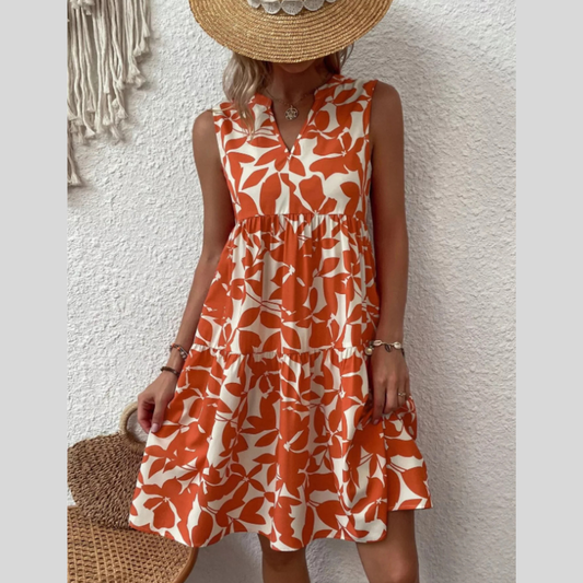 Full Size Printed Notched Sleeveless Mini Dress Plus Size