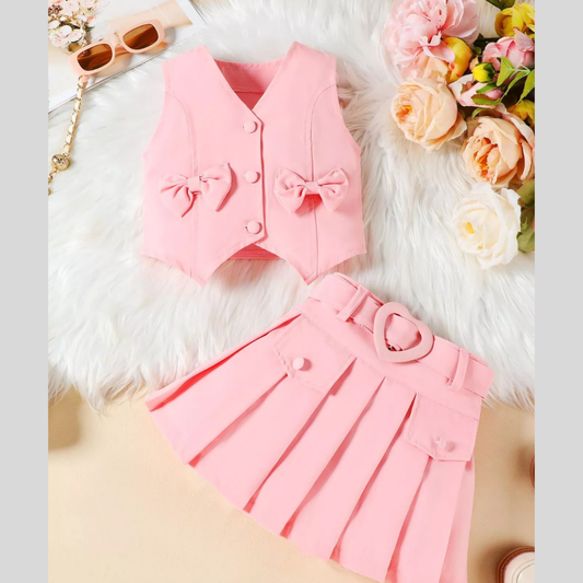 Children's Bowknot Vest & Pleated Skirt Set