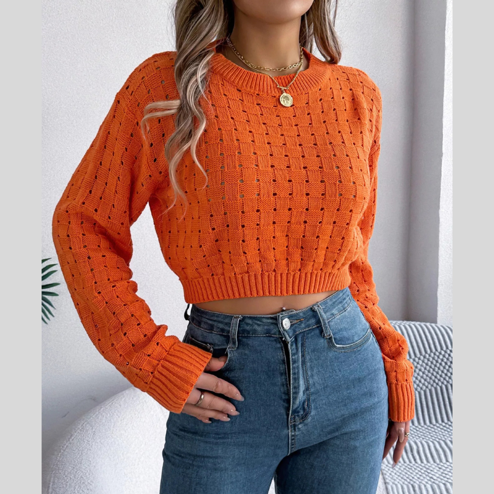 Cutout Back Openwork Round Neck Long Sleeve Sweater