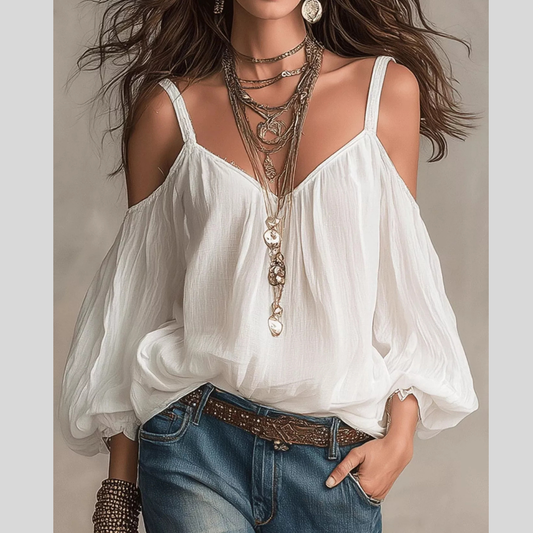 Cold Shoulder Balloon Sleeve Blouse