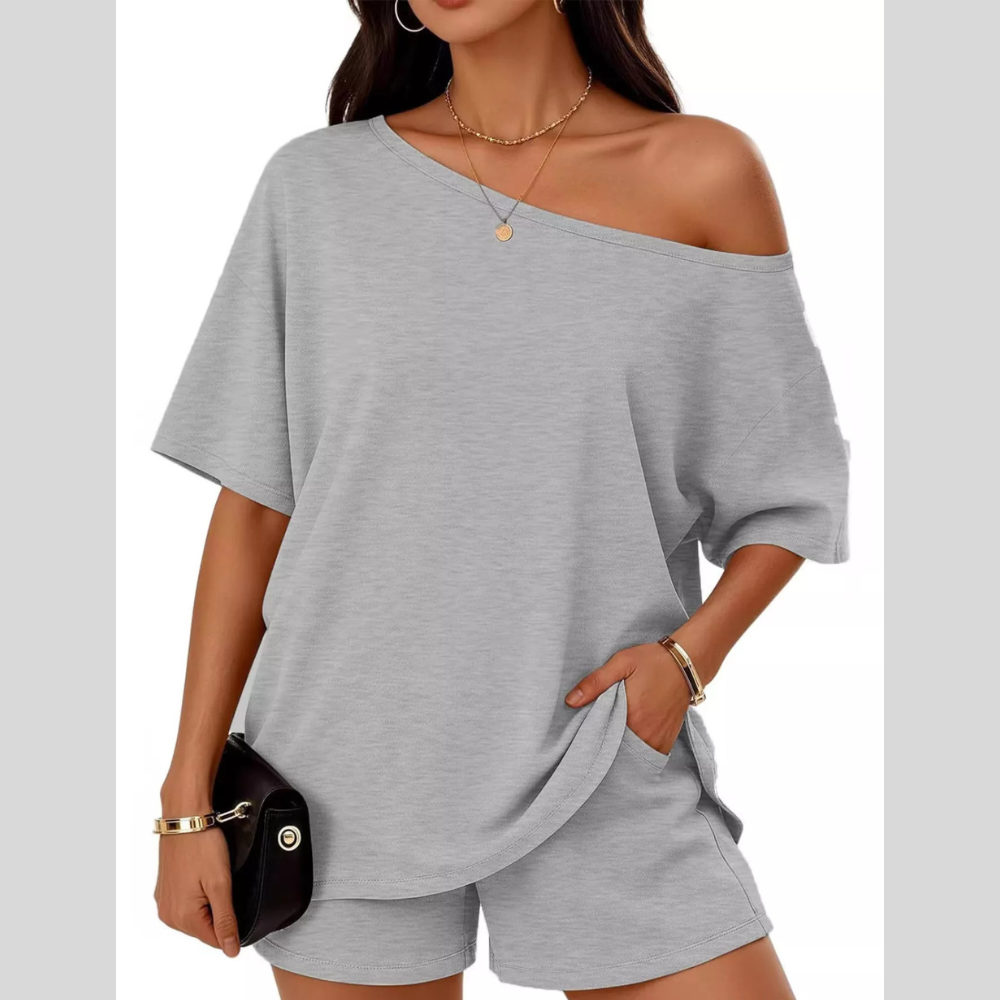 Full Size Boat Neck Tee and Shorts Set Plus Size