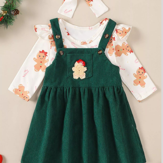 Children's Christmas Bodysuit and Overall Dress Set with Headband