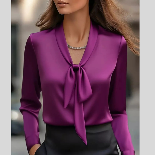 Satin Tie Front Long Sleeve Blouse