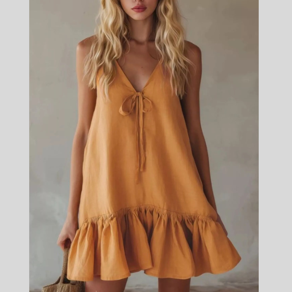 V-Neck Tie Front Ruffle Hem Mini Dress