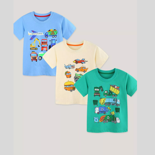 Children's Vehicle Print Short Sleeve T-Shirt 3 Piece Set