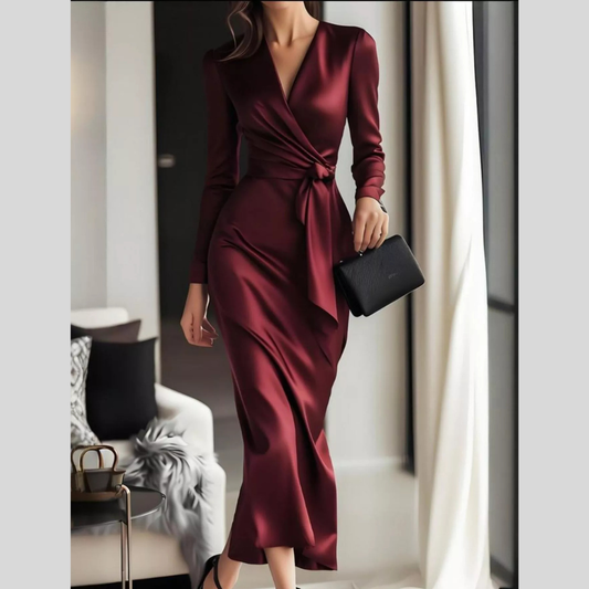 Surplice Satin Long Sleeve Dress