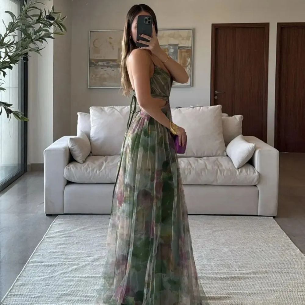Mesh Printing Slip Dress Holiday Leisure Party