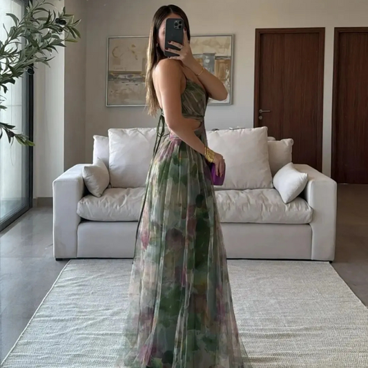 Mesh Printing Slip Dress Holiday Leisure Party
