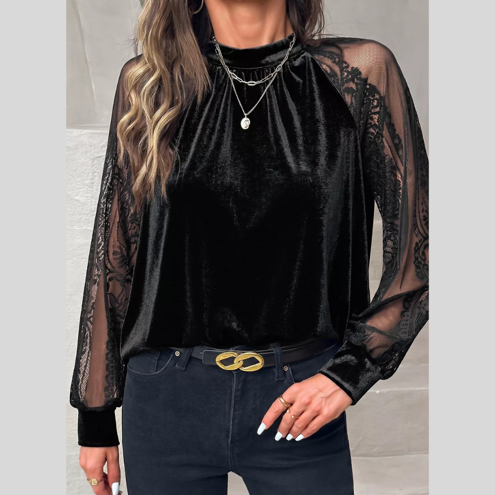 Solid Color Sheer Lace Long Sleeve Patchwork Stand Neck Velvet Blouse