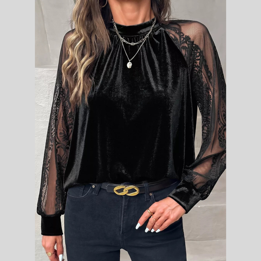 Solid Color Sheer Lace Long Sleeve Patchwork Stand Neck Velvet Blouse