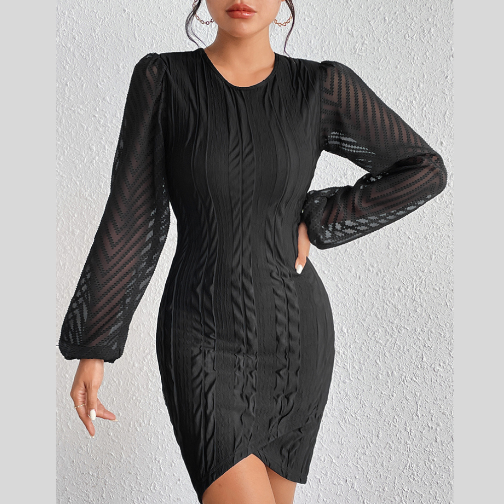 Honey Round Neck Puff Sleeve Tulip Hem Mini Dress