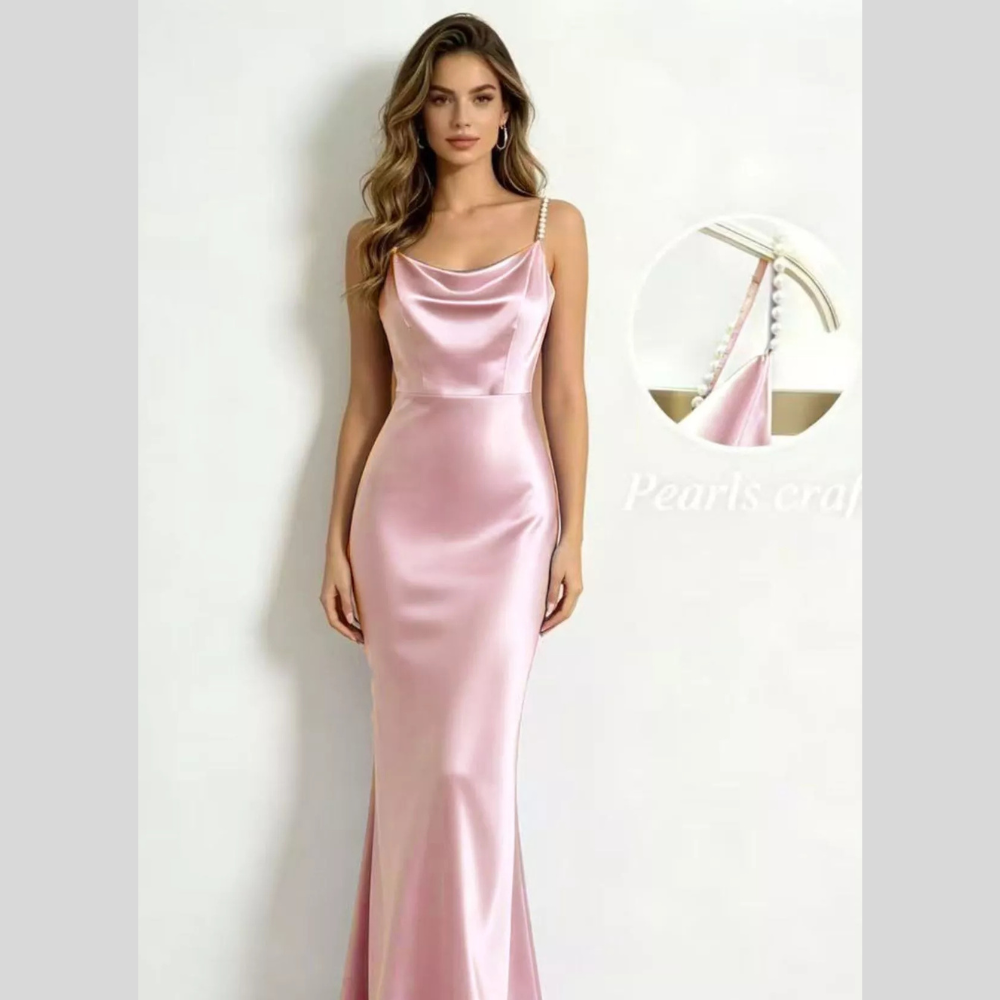 Pearl Strap Cowl Neck Satin Maxi Dress
