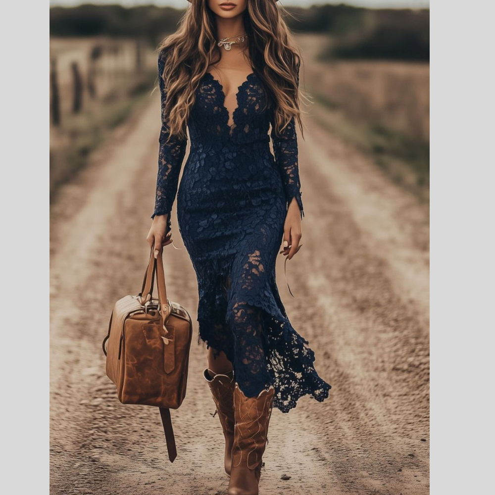 Full Size Lace Long Sleeve Midi Dress Plus Size