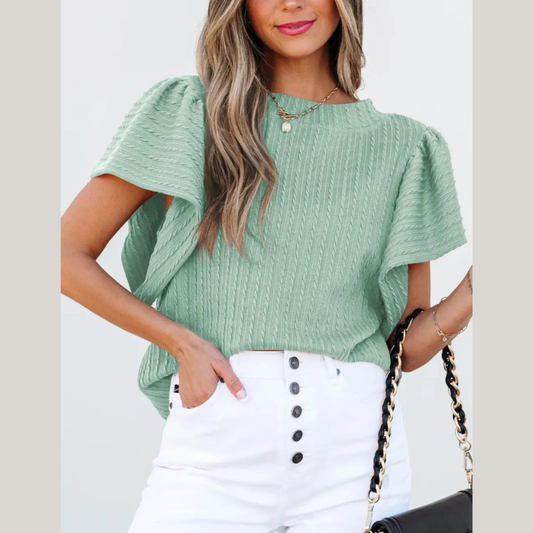 Round Neck Ruffle Sleeve Top