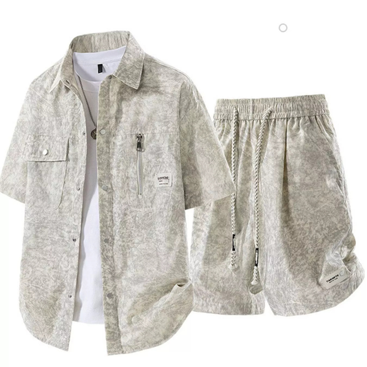 Men's Plus Size Lightweight Textured Short Sleeve Shirt and Shorts Set