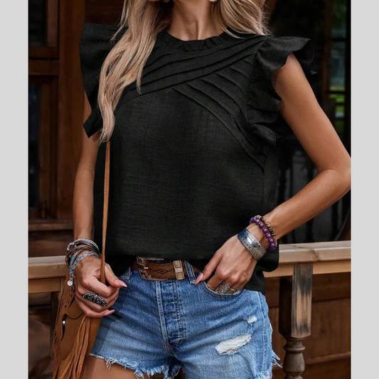 Frill Mock Neck Ruffled Cap Sleeve Blouse