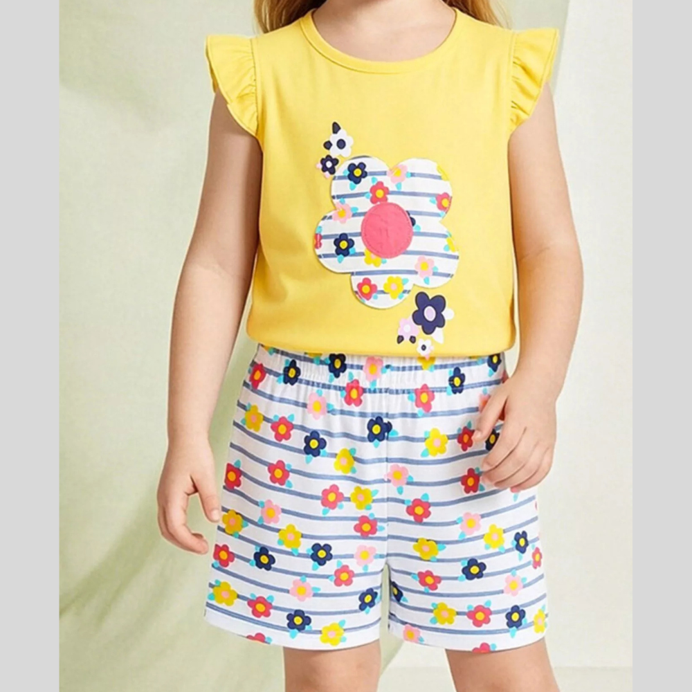 Children's Floral Ruffle Sleeve Top and Striped Shorts Set