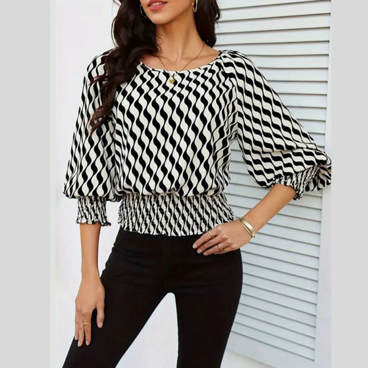 Geometric Print Lantern Sleeve Smocked Waist Blouse