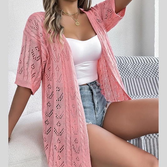 Lightweight Openwork Knit Cardigan – Breezy Half Sleeve Layering Piece