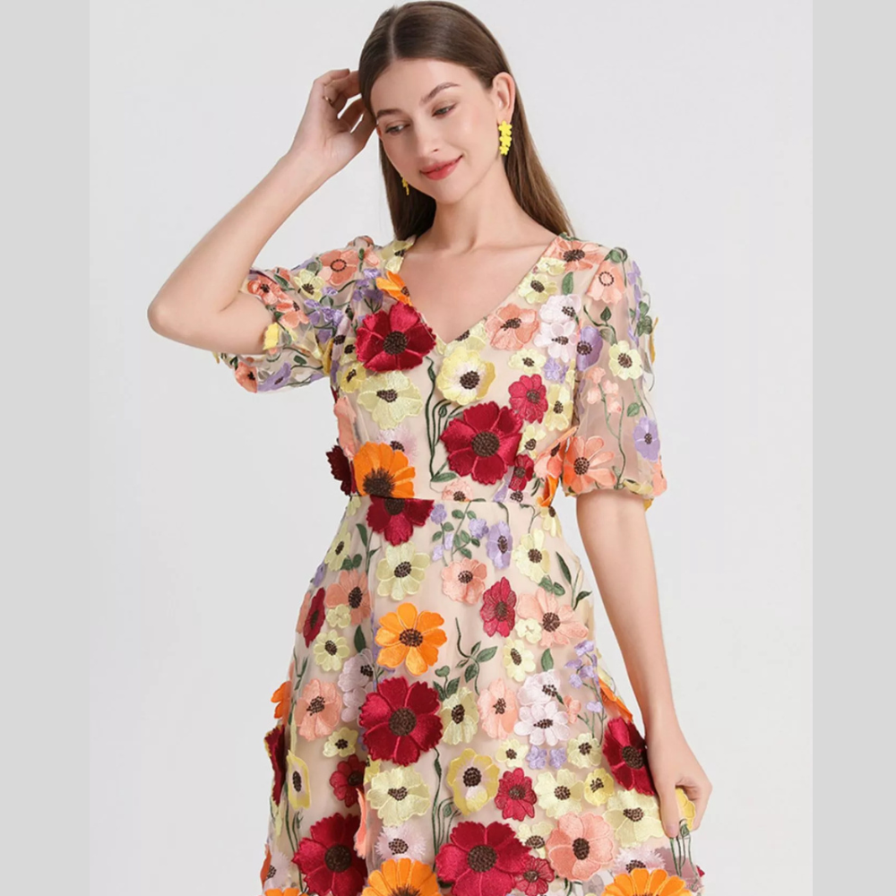 Plus Size Embroidered Floral V-Neck Mini Dress