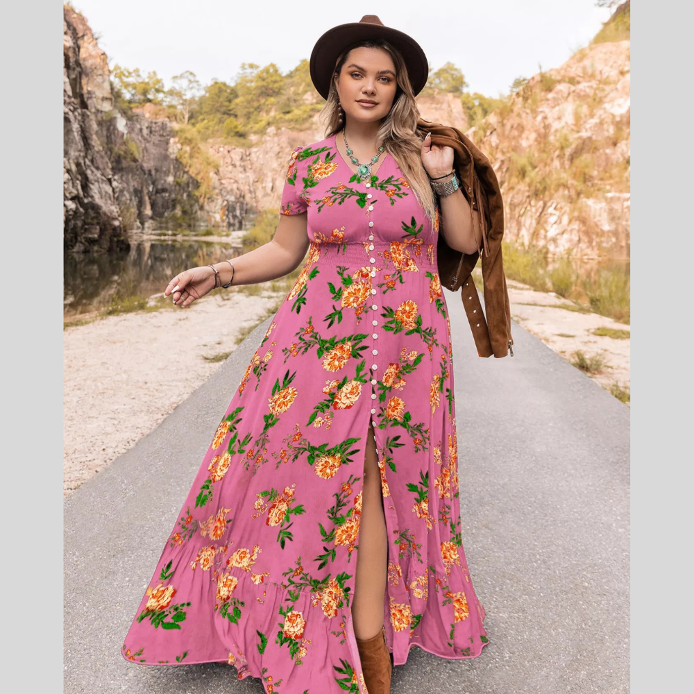 Plus Size Floral V-Neck Short Sleeve Maxi Dress