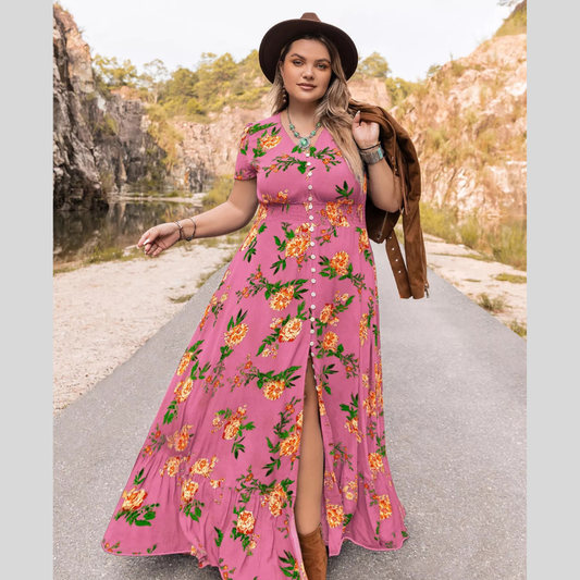 Plus Size Floral V-Neck Short Sleeve Maxi Dress