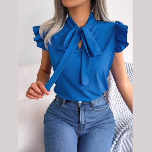Ruffled Tie Neck Cap Sleeve Blouse