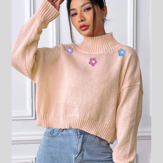 Flower Turtleneck Long Sleeve Sweater