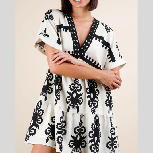 Printed V-Neck Short Sleeve Mini Dress