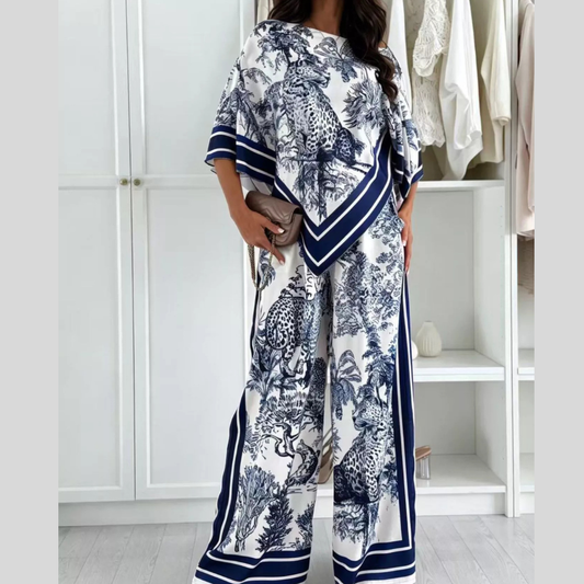 Asymmetrical Printed Top and Wide-Leg Pants Set