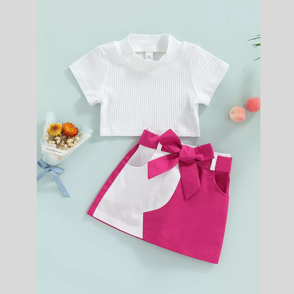 Children's Ribbed Knit Top & Bow Decor Skirt Set