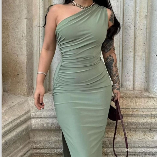One-Shoulder Ruched Bodycon Slit Dress