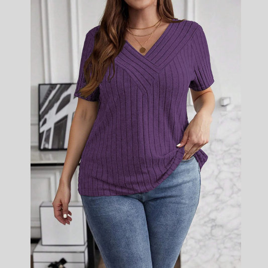 Plus Size V-Neck Short Sleeve Ribbed T-Shirt