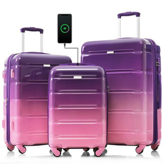 Luggage Set Of 3, 20-inch With USB Port, Airline Certified Carry-on Luggage With Cup Holder, ABS,PC Hard Shell Luggage With Spinner Wheels, Purple And Pink- FREE USA SHIPPING