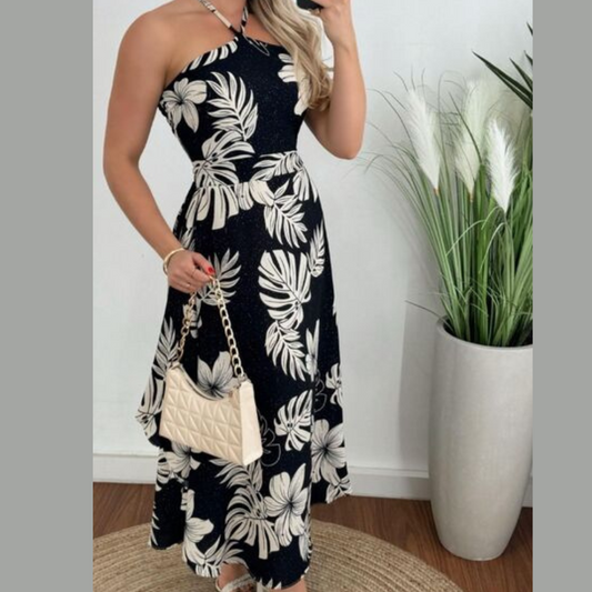 Smocked Printed Halter Neck Dress