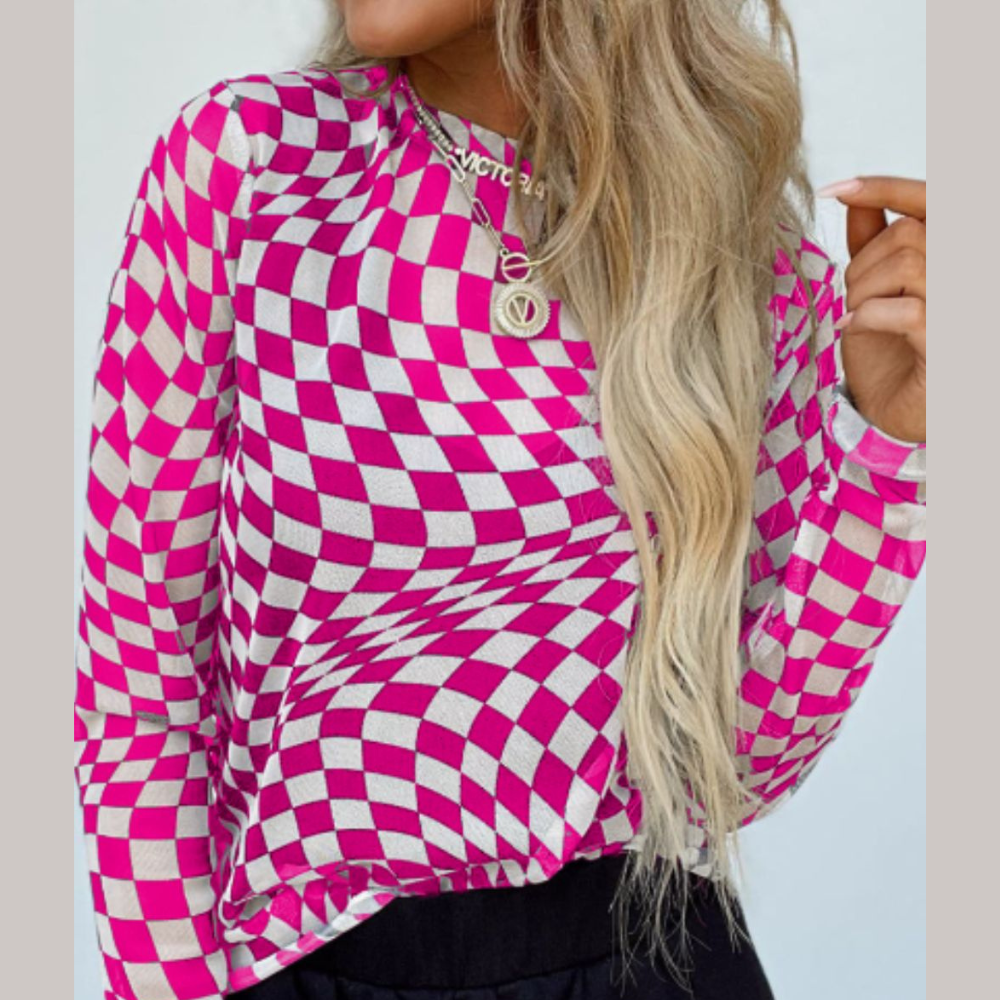 Checkered Mock Neck Long Sleeve Blouse