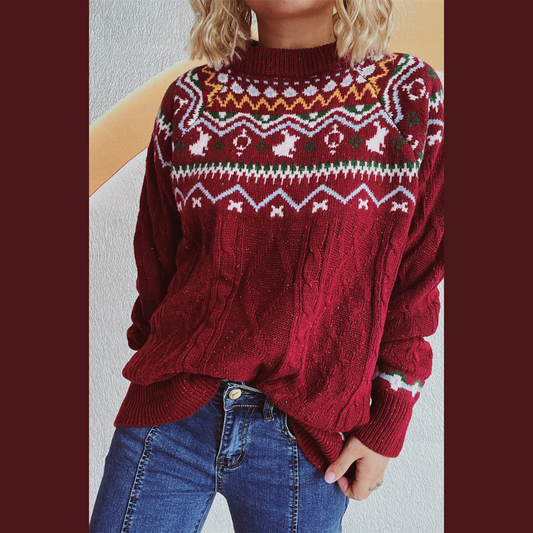 Cable-Knit Mock Neck Long Sleeve Sweater